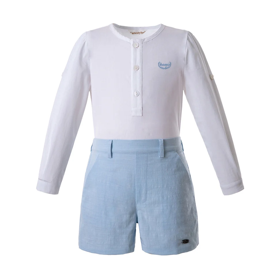 Cutestyles/Новые летние комплекты одежды для мальчиков белая рубашка и синие короткие хлопковые комплекты для мальчиков EB-DMCS201-C145 - Color: As picture