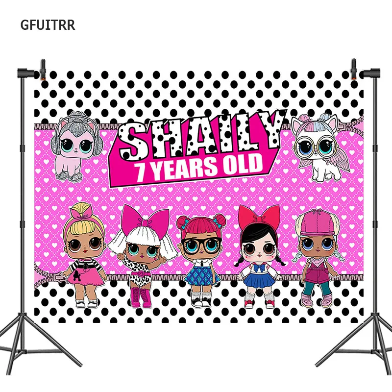 

GFUITRR Birthday Lol Doll Photography Backdrop Polka Dots Photo Background Pink and White Vinyl Photo Booth Props