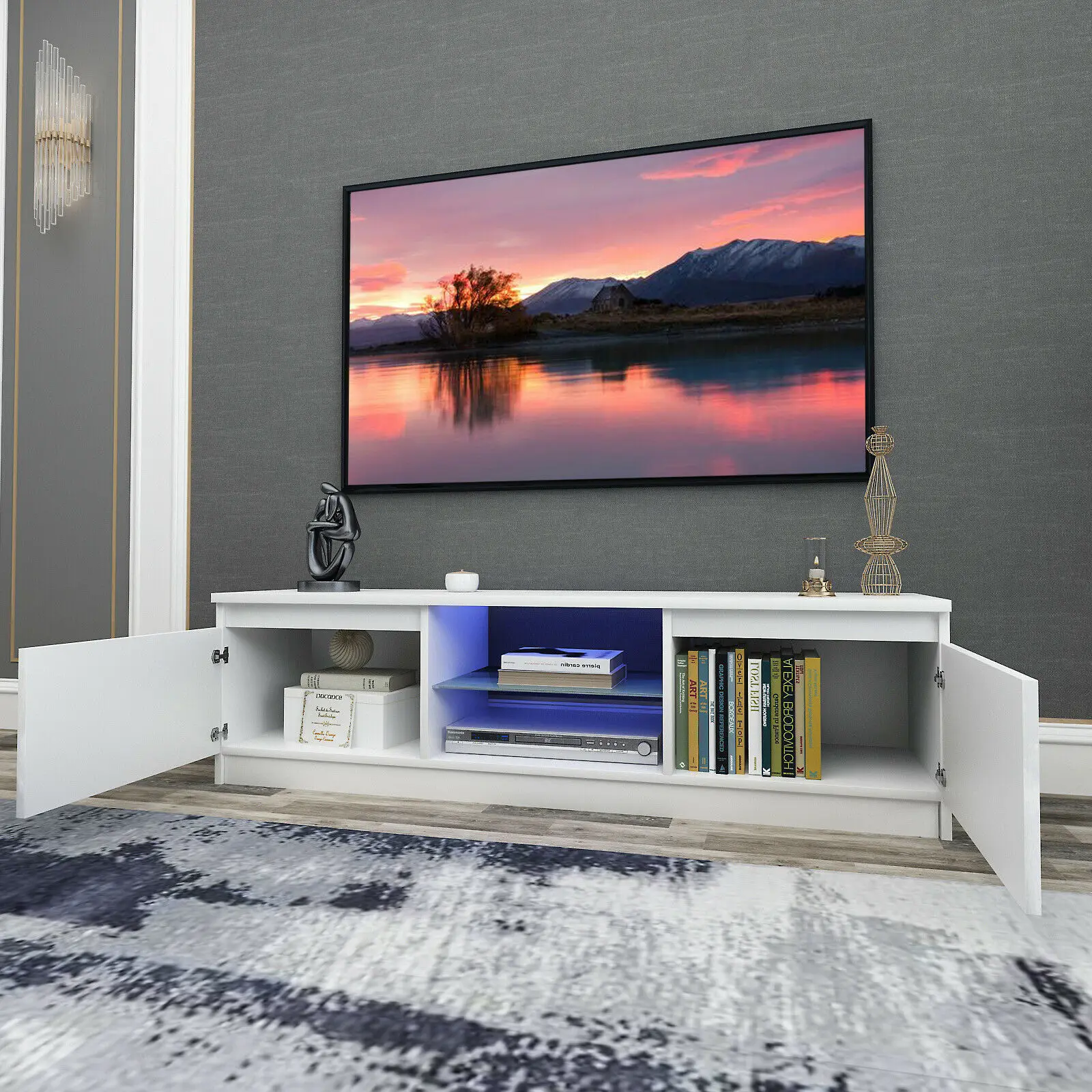 

130CM Width White Modern TV Stand High Gloss Door Matt Cabinet Unit LED Light