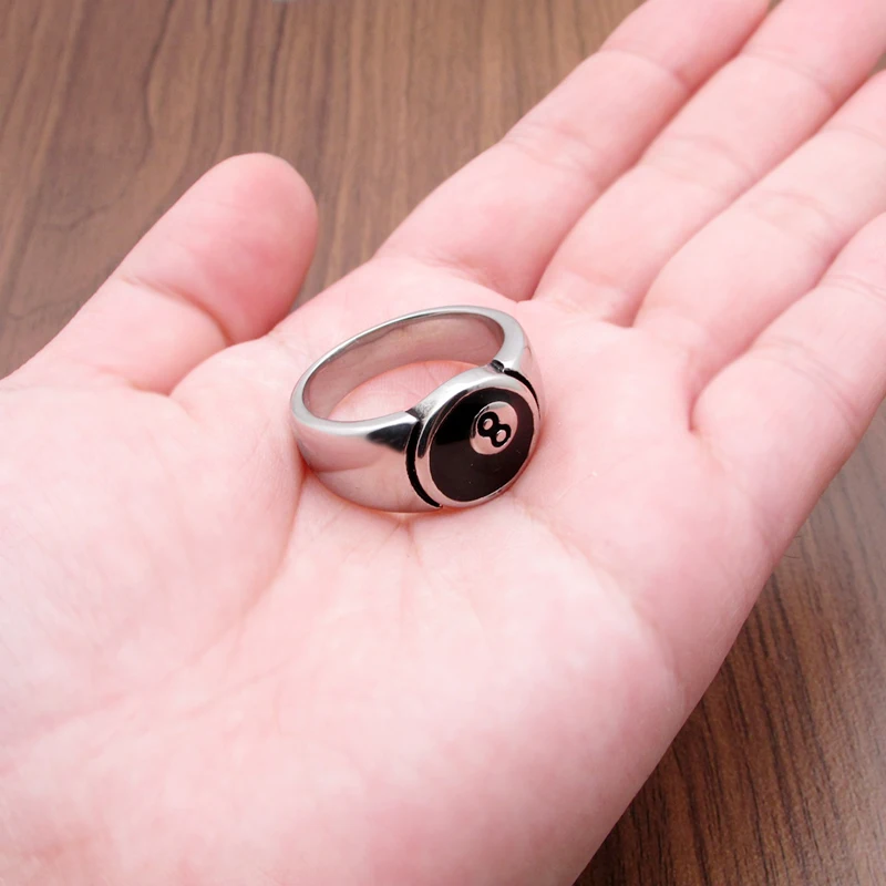 Punk 316L Stainless Steel Black 8 Sliver Color Men's Pool Eight Ball Ring Jewelry 3