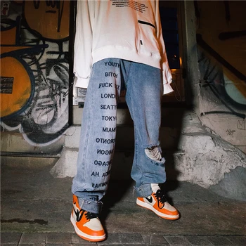 

2019 Streetwear Hip Hop men fashion jeans pants,Distressed Loose distressed Full Length,Destroy Wash Wide Leg Pants