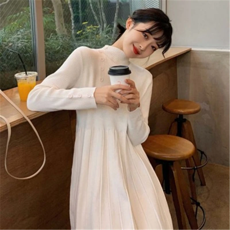 

Fashion Autumn Winter Sweater Dress Women Chic Buttons Design Turtleneck Long Sleeve A-line Knitted Dress Female Pleated Dress