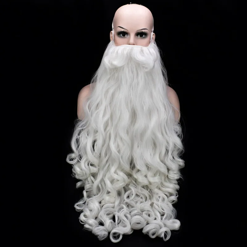 Рождественский косплей парик Борода Санта Клаус Косплей парик белый кудрявый Длинные Синтетические волосы парики для взрослых+ парик колпачок - Цвет: 60cm only beard