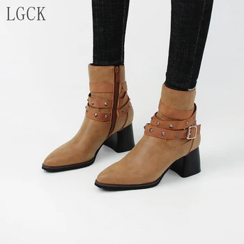 

Plus Size 34-48 Women Buckle Strap Ankle Boots Shoes Ladies Zip Spring Gladiator Fashion High Heels Martin Boots Chunky Heel New