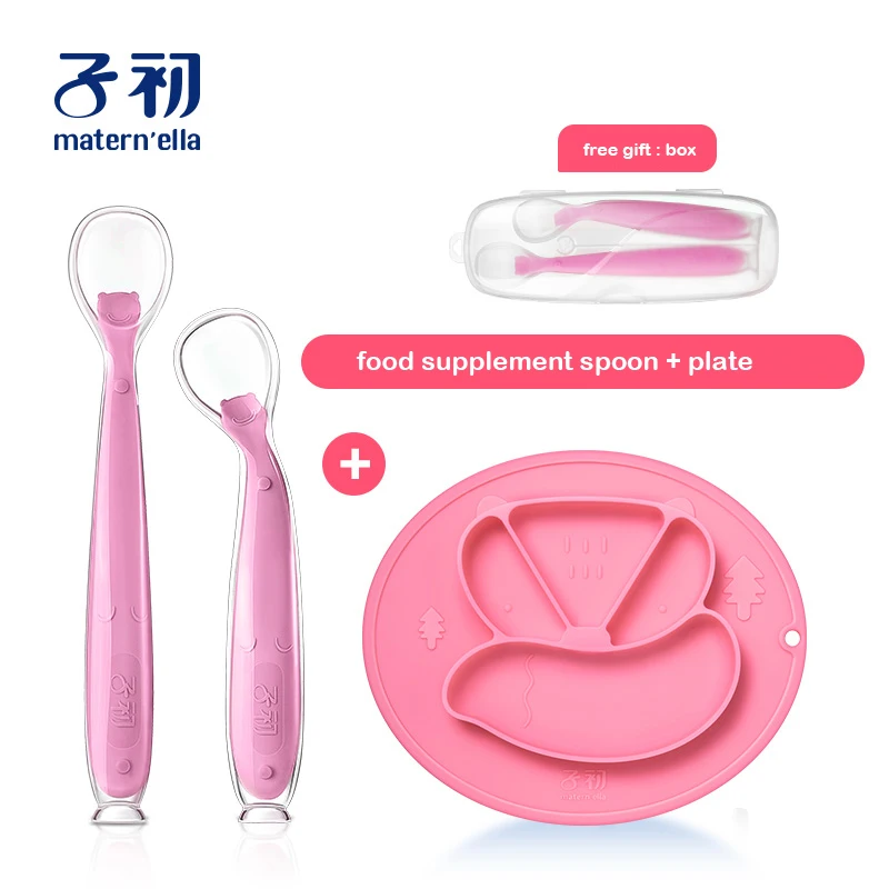 spoon plate Matern'ella, 2 шт.+ коробка, Детские Силиконовые ложки, посуда для кормления, посуда для детей, столовые приборы, силиконовая ложка - Цвет: spoon plate