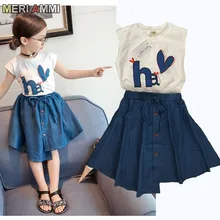 MERI AMMI/комплект детской одежды из 2 предметов для девочек, футболка с короткими рукавами и рисунком сердца+ джинсовое платье, юбки для детей 2-7 лет