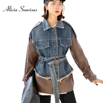 

DBYCool Winter Pu Leather Jacket Women 2019 Waist Spliced Fake Two Pieces Loose Fashion Denim Coat Female Jacket 68468