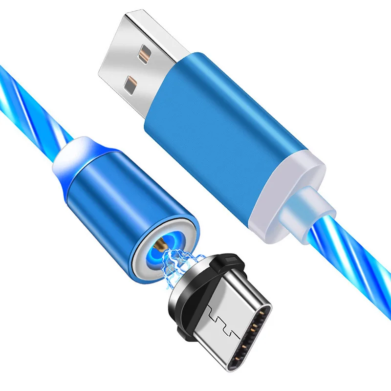 Магнитный usb-кабель 1 м светодиодный светящийся кабель Micro USB type C для мобильного телефона Xiaomi mi9 samsung яркий зарядный Шнур для iPhone - Цвет: Blue for Type C