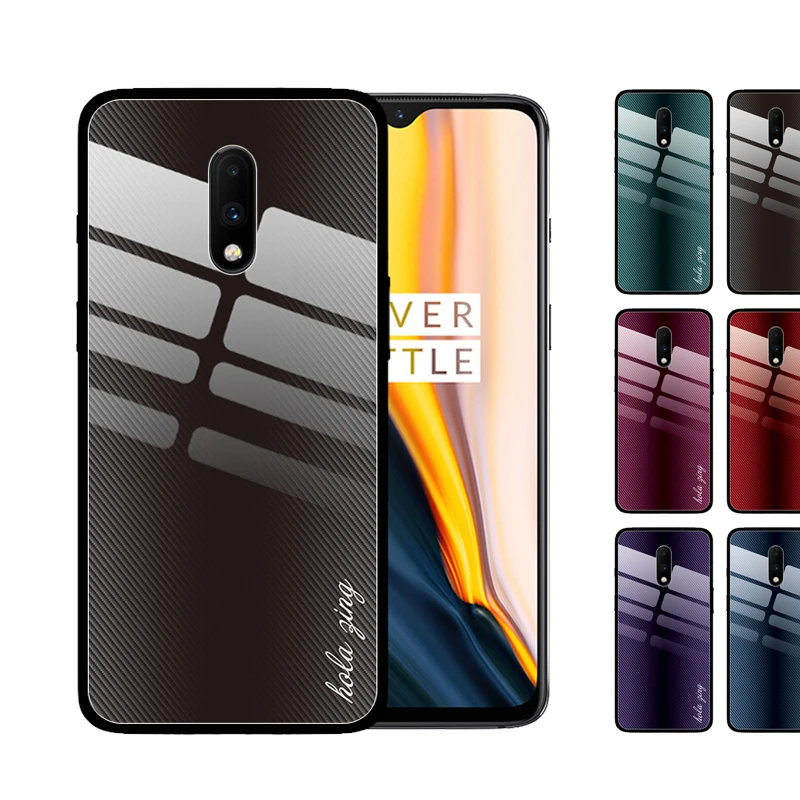 cheap 2019 New Design Luxury Hard Cover for OnePlus 7 Pro 6T 6 5T 5 Carbon Fiber Printed Tempered Glass Case Coque Funda