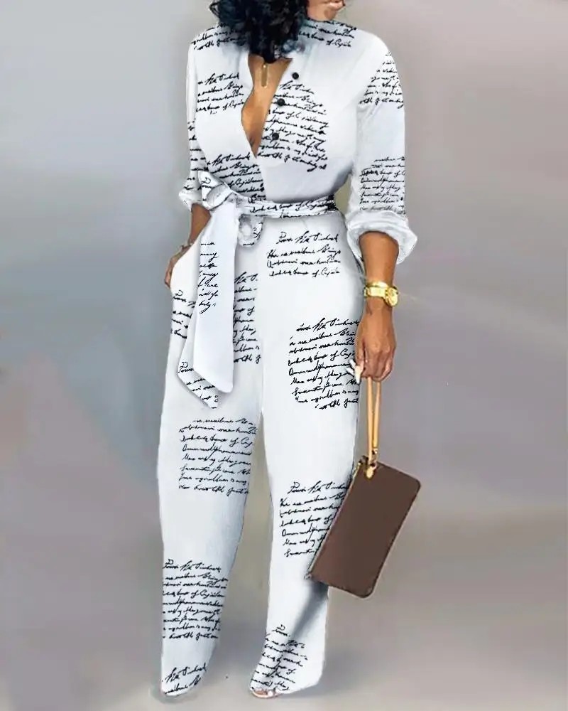 

Letter Print Casual Knotted Jumpsuit Sashes Women Overalls Deep V Neck Office Long Sleeves Jumpsuit