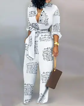 

Letter Print Casual Knotted Jumpsuit Sashes Women Overalls Deep V Neck Office Long Sleeves Jumpsuit