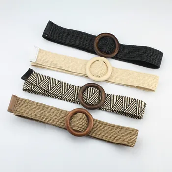 

Harajuku Cinto Cigano Vintage Boho Braided Waist Belt Solid Female Belt Round Wooden Smooth Buckle Fake Straw Wide Belts Women