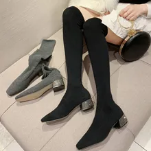 Г., женские сапоги выше колена модная блестящая зимняя обувь на каблуке с острым носком женские сапоги-носки черные ботиночки, P125