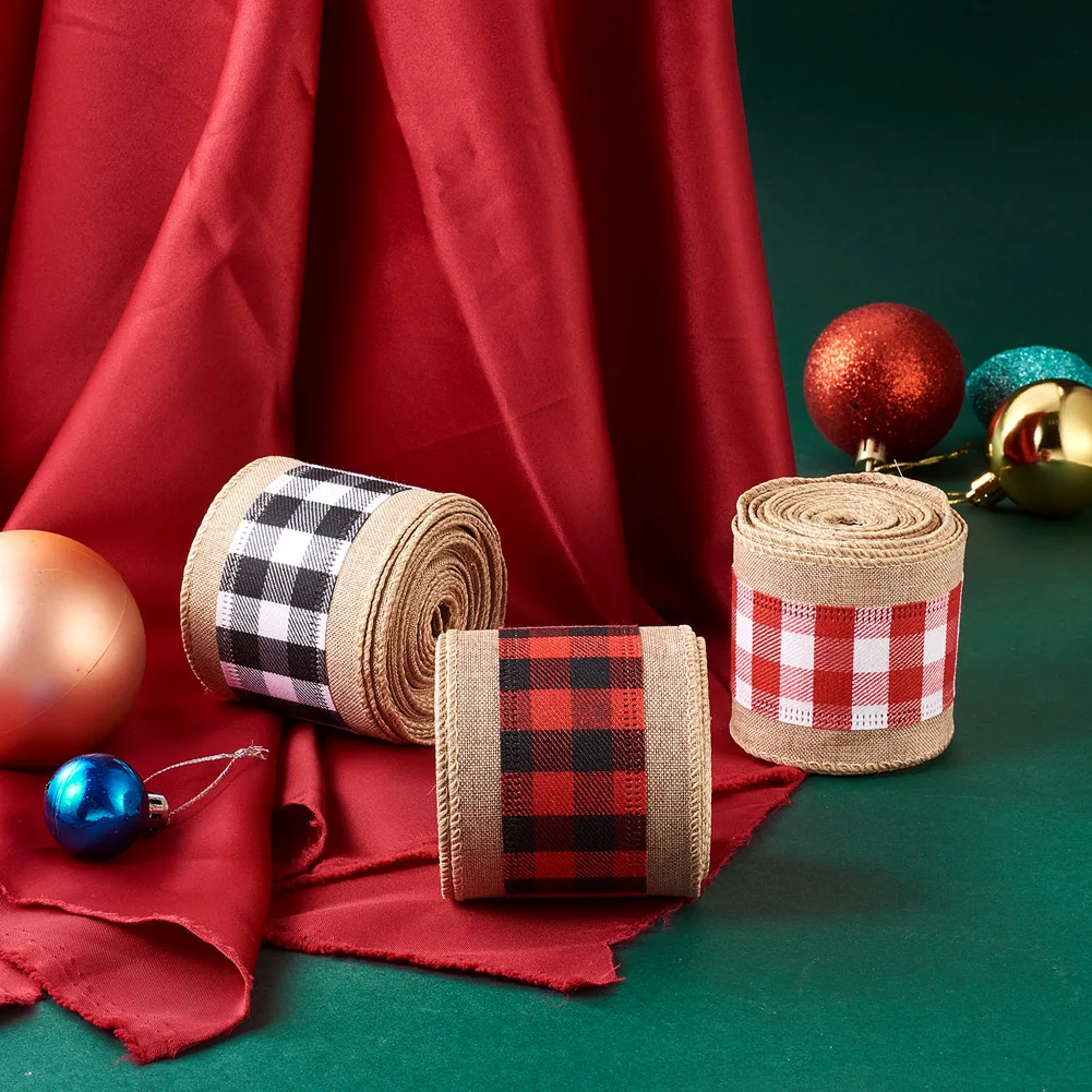 3Rolls Christmas Decoration Polyester Hemp Ribbon Red Tartan Linen Buffalo Plaid Ribbon Cord for DIY Handmade Bow Gift Wrapping