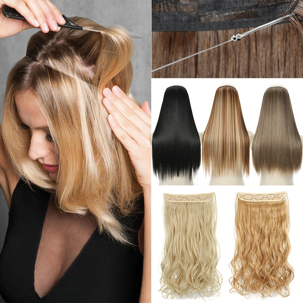 Hair Extensions No Clip in Fish Line False Hairpiece Synthetic Hair Piece Colored Natural Brown Black Fringe Fake Hair