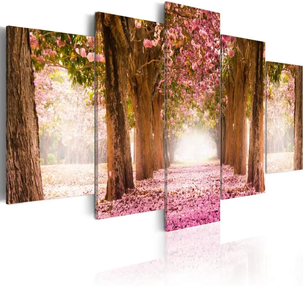 

Unframed 5 Panel Cherry Blossom Pink and Green Flowers Pictures Wall Art Home Decor Posters Canvas Paintings for Living Room