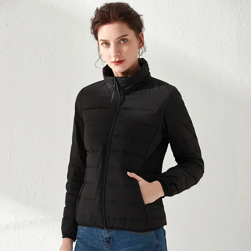 Fall Winter Women Warm Jacket Duck Down Filler Fashion Female Bomber Short Coat Slim Cropped Jacket Stand Collar Grey Black