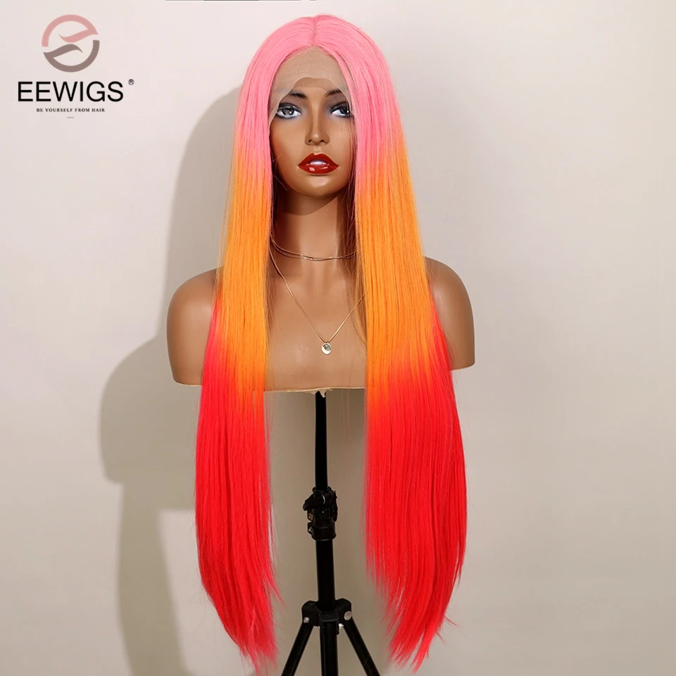 #44 EEWIGS парики из искусственных волос на кружевной основе натуральные волосы Омбре парики без клея термостойкие волосы средняя часть косплей парики для женщин - Цвет: #44