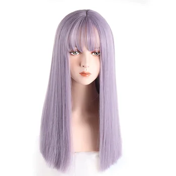 

Synthetic High Temperature Fiber Long Straight Wigs for Women Purple Gray Green Wig With Bangs Natural African American Hair