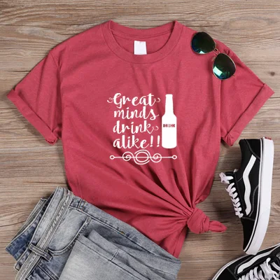 ONSEME веселая Рождественская Футболка женская футболка с надписью «Great Minds Drink» летняя футболка с круглым вырезом и короткими рукавами розовая футболка Q-819 - Цвет: HeatherRed-White
