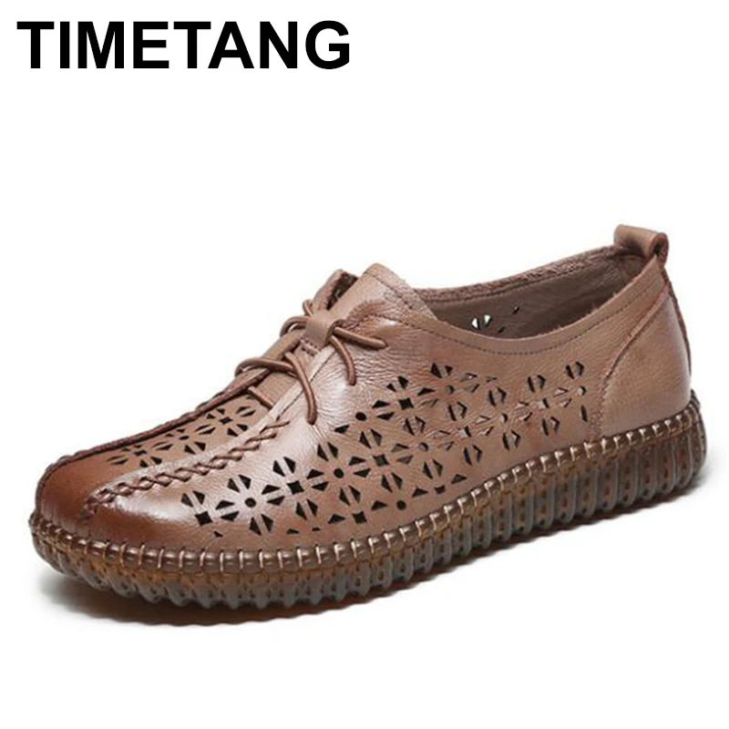 

TIMETANG 2020 new women flat shoes woman fashion genuine leather shoes women soft-sole non-slip hole shoes breathable mom shoes