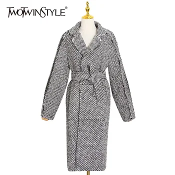 

TWOTWINSTYLE Plaid Casual Jacket For Women Lapel Long Sleeve High Waist Lace Up Bowknot Midi Coats Female 2020 Fall Fashion New