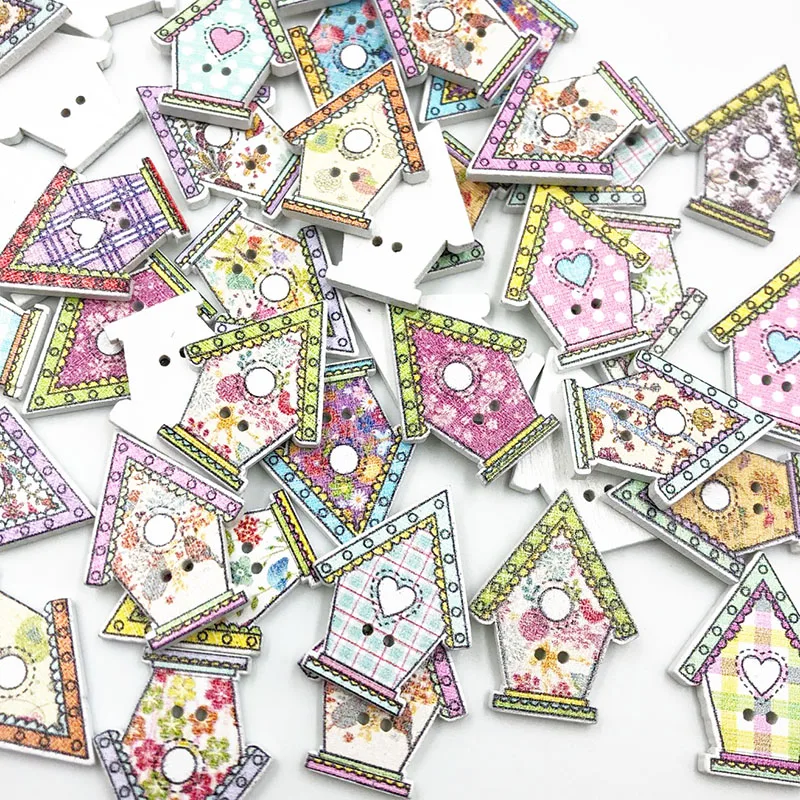 50pcs Mixed 25MM House Wood Buttons 2Holes Sewing Crafts Accessories WB702 2