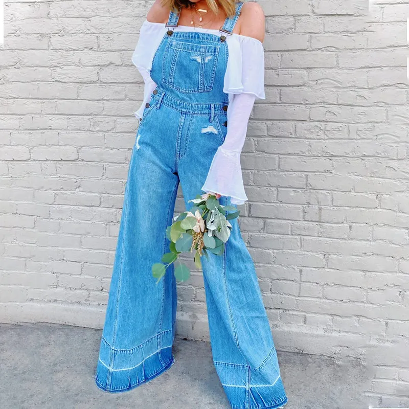Женские комбинезоны джинсовые расклешенные брюки на тонких бретельках