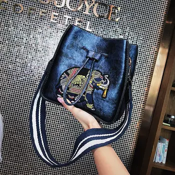 

Bag Women's 2019 New Style Fashion Retro Fashion Wide-Strap Bucket Bag Embroidered Different Size Bags Versatile Crossbody Bag