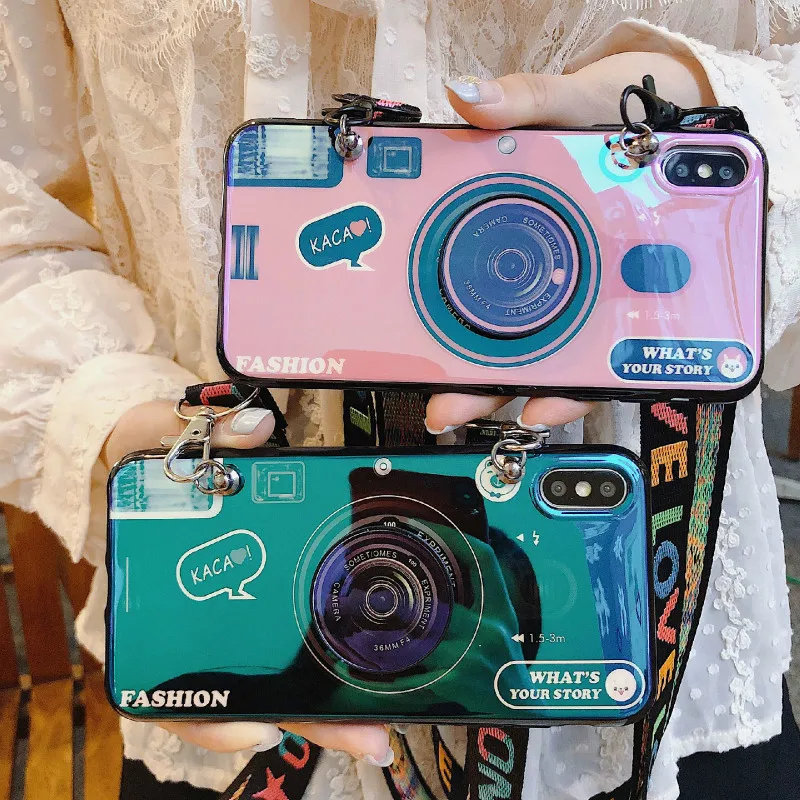 

3D Retro Camera Phone Cases For iPhone XS MAM XR X 8 7 6 6s Plus 5 5s SE Case Soft Silicone Cover With Lanyard Strap