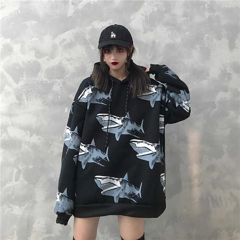 NiceMix Женская Зимняя коллекция, новая мода, ins, принт акулы, Harajuku, свободная повседневная бархатная куртка в стиле ретро в стиле хип-хоп, куртка с капюшоном