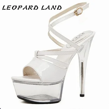 

LEOPARD LAND 15cm Heels Pure Color Fish Mouth Super High Heel Glitter Pink Foot Ring Strap Thin Heel Hollow Sandal LYP