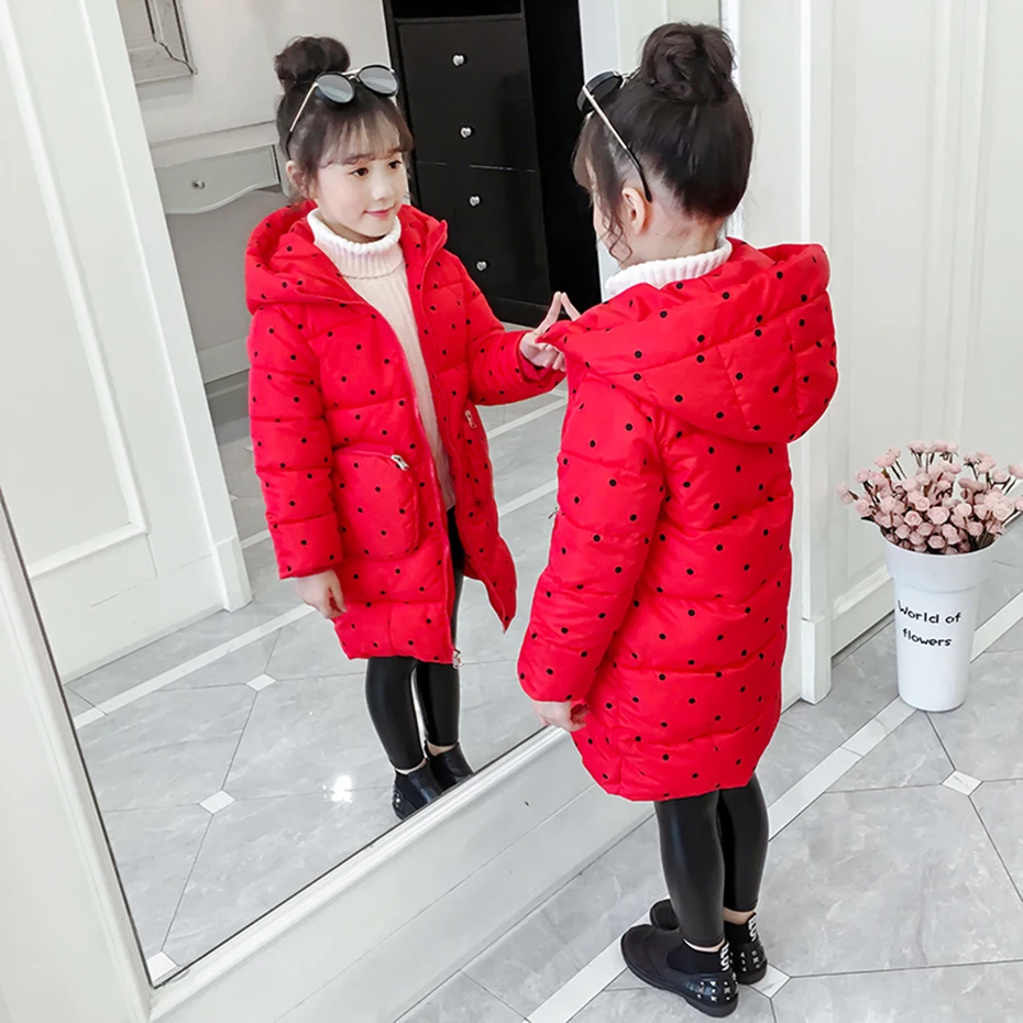 Пуховое пальто для девочек приталенное пальто в горошек для девочек детская модная пуховая куртка с карманами зимняя плотная теплая детская одежда для девочек