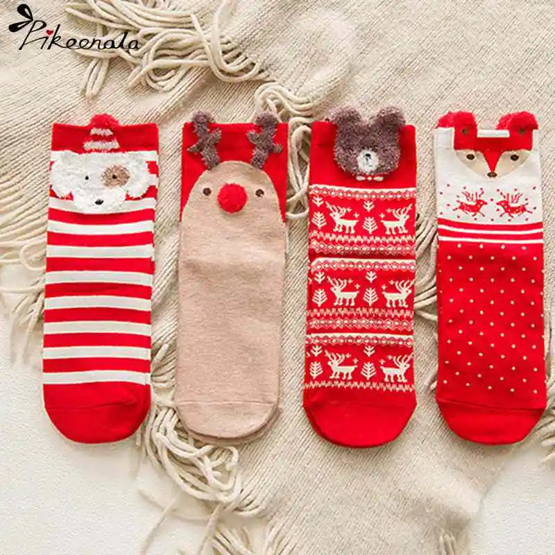 Pikeenala, 1 пара, рождественские носки, милые Мультяшные повседневные полосатые зимние женские хлопковые носки с оленем, Подарочные носочки