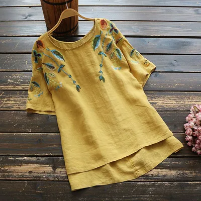 

Summer Casual Womens Short Sleeve O Neck Embroidery Yellow Red Linen Top Shirt , Chinese Style Loosel 4xl Shirts Tops for Women