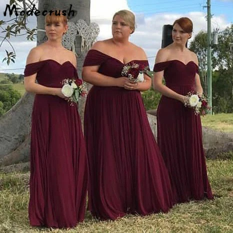 Modecrush Bourgondië A-lijn Off Shoulder Chiffon Maxi Jurken Plus Size Eenvoudige Plisse Bruidsmeisje Jurken voor Wedding Party Modecrush Bourgondië A-lijn Off Shoulder Chiffon Maxi Jurken Plus Size Eenvoudige Plisse Bruidsmeisje Jurken voor Wedding Party