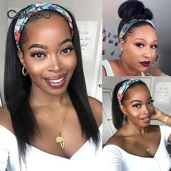 

COLODO Light Yaki Straight Human Hair Wig Natural Color Headband Wig Remy Brazilian Full Machine Made Wig For Black Women