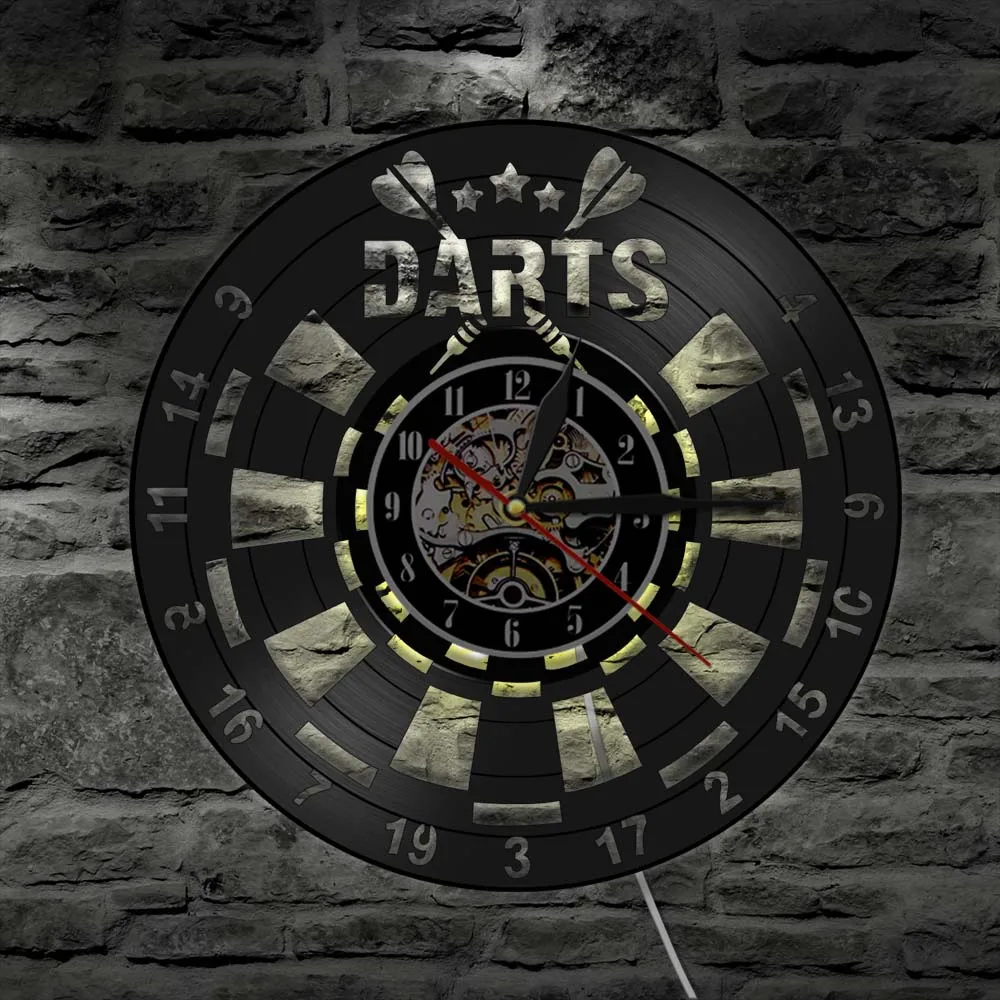 3D Черный Виниловая пластинка часы Дротика настольная игра бесшумные Ретро Круглые Наручные часы Паб Бар ночной клуб светодиодный подсветка Современная Horloge Фреска