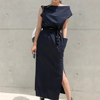 

TVVOVVIN 2020 Summer Dress For Women Sexy Slash Neck Big Pocket Waist Lace Up Hem Split Slim Dresses Female Korean Fashion B033