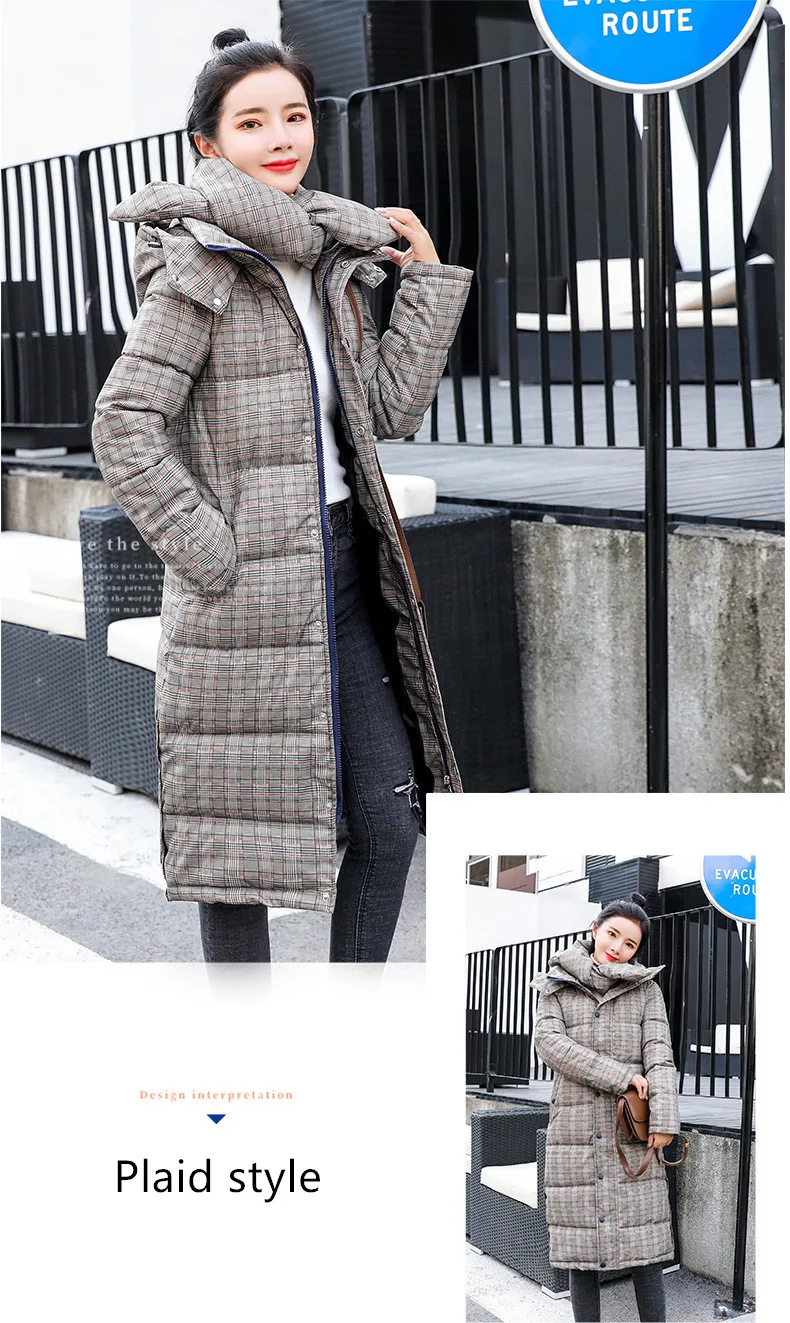 Женский пуховик, уникальный дизайн, клетчатое стильное пальто, женская зимняя утепленная длинная куртка, женская теплая куртка