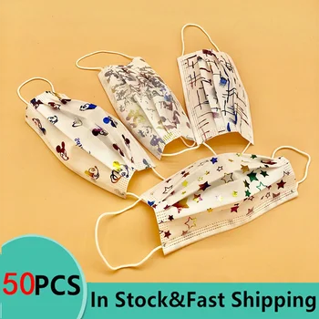 

50pcs Gold Stamp Mask Creative Design 3-layer Disposable Adult Print Mask Unisex Fashion Hello Kitty Kawaii Cartoon Face Mask
