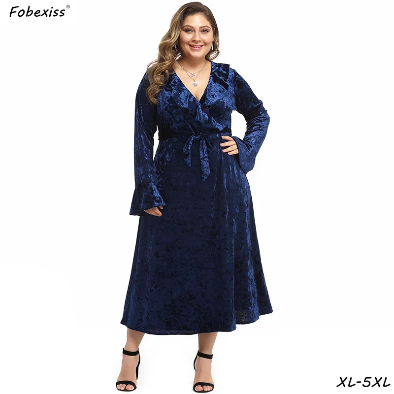 

Velvet Dresses Women Party Night Long Sleeve Deep V Neck Ruffles Maxi Long Dress Plus Size 4XL 5XL Elegant Blue Bandage Dress