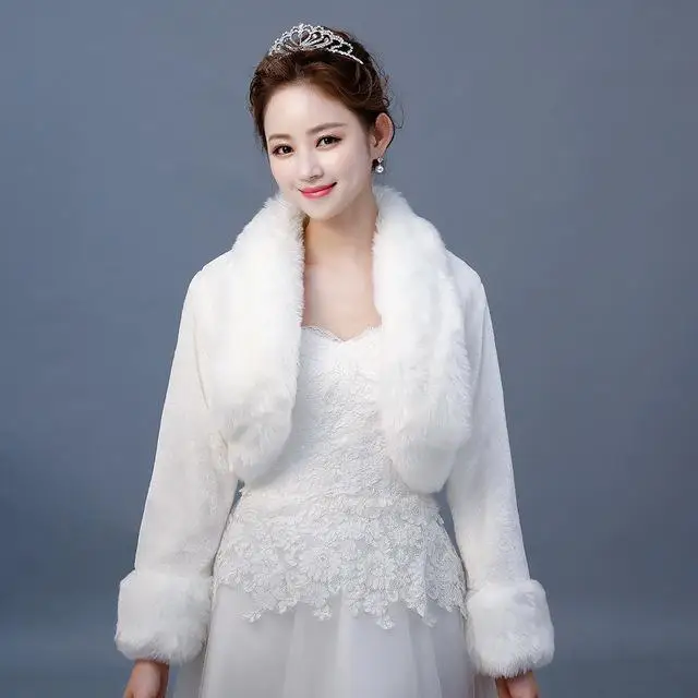 Женские болеро из искусственного меха с длинным рукавом для леди, зимнее теплое пальто, белое меховое Болеро для невесты, подружки невесты - Цвет: B