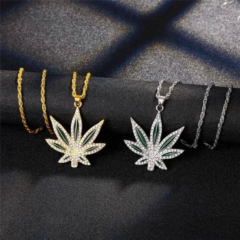 Rhinestone Weed Pendant Necklace Men Maple Leaf Hemp Necklaces Punk Hiphop Gold Chains For Boys Male Necklaces Chain Steampunk