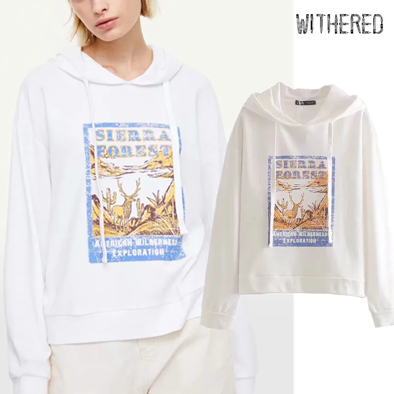 

Withered new winter hoodies women england pretty style Elk printing oversize cotton terry loose hooded sweatshirt pullovers tops