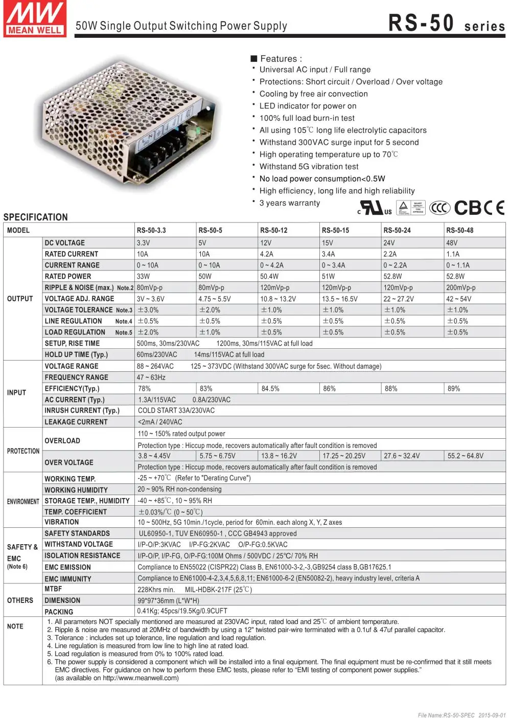 [Семь Неоновые] бренд MEAN WELL представляет RS-503.3V 5V 12V 15V 24V 48V 50W высокое Мощность высокая эффективность один Выход переключение Питание