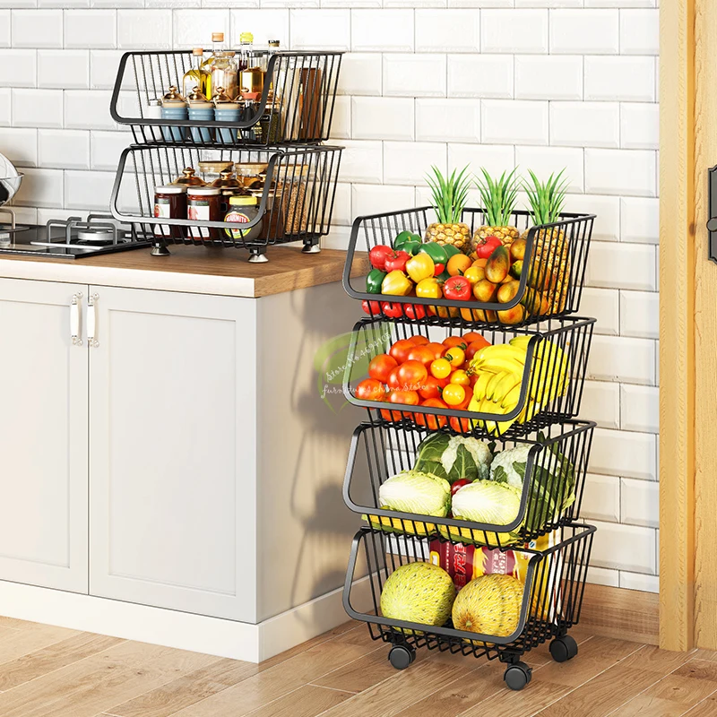  Kitchen Shelf Vegetable Basket Movable Floor Multi-layer Steel Dish Rack Storage Supplies Rack Free - 4000594289821