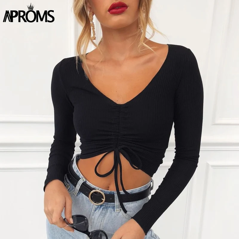 

Aproms Sexy V Neck Ribbed Cropped T-shirt Women Elegant Drawstring Tie Up Ruched Tshirt Streetwear Solid Slim Crop Top 2019 New