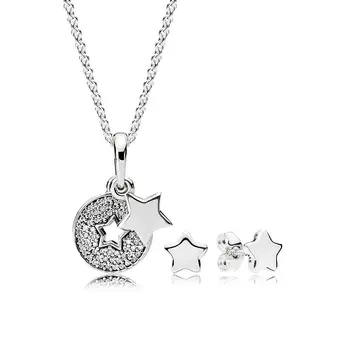 

NEW Book Di 925 Sterling Silver Shining Stars Necklace and Earrings Gift Set fit charm original Necklace jewelry A Set