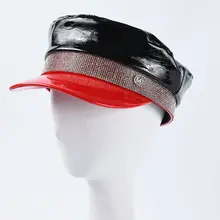 Женская осенне-зимняя шапка с красными полями, стразы, уличная Кепка с плоским верхом из искусственной кожи в стиле милитари